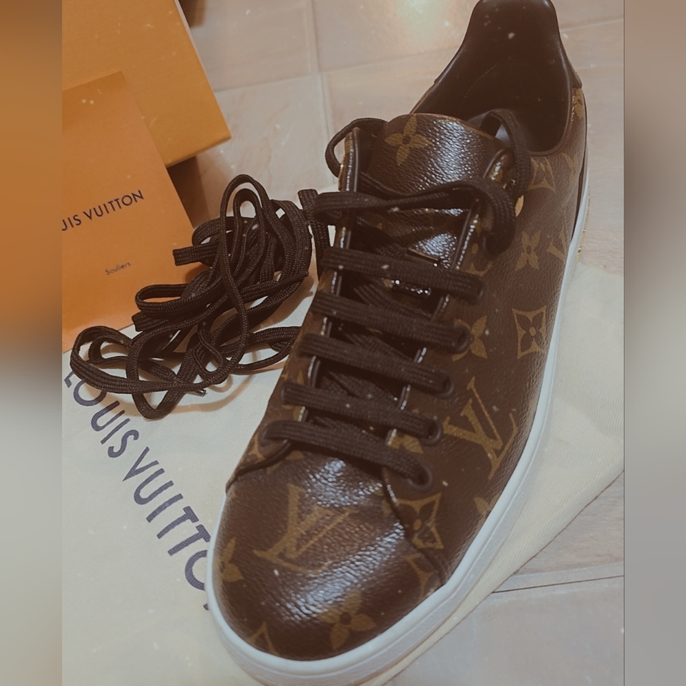 Louis Vuitton Patent Monogram Frontrow Sneakers MS1220 Size 39 Black Brown Gold - Picture 3 of 10